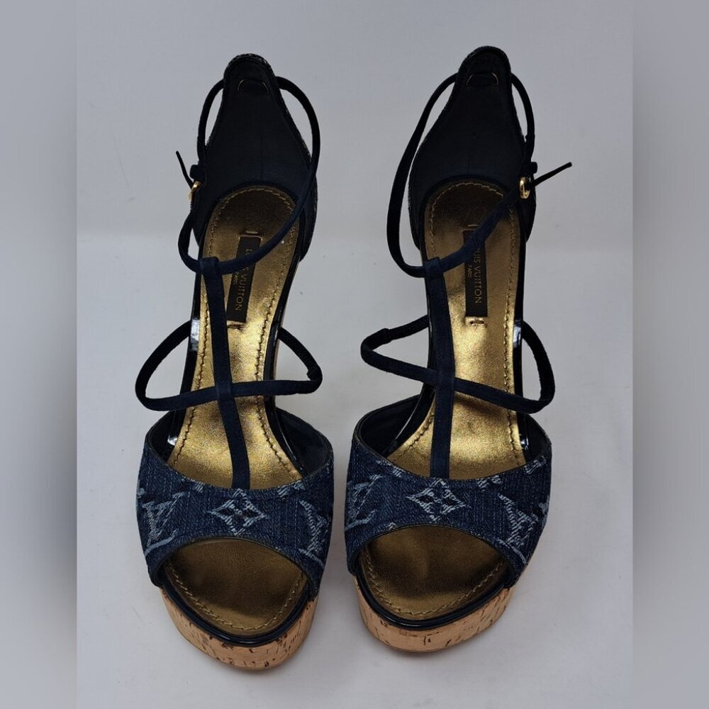 Louis Vuitton Monogram Denim Wedge Platform Ankle Wrap Pumps Shoes 7.5 / 37.5 EU - Picture 10 of 16